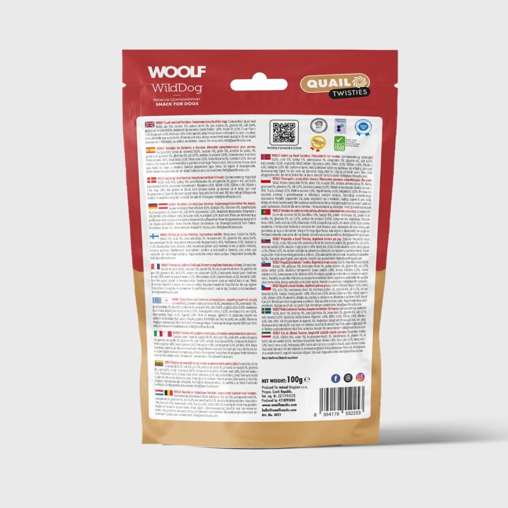 Woolf Vagtel & Torsk Spiraler 100 g – bagside