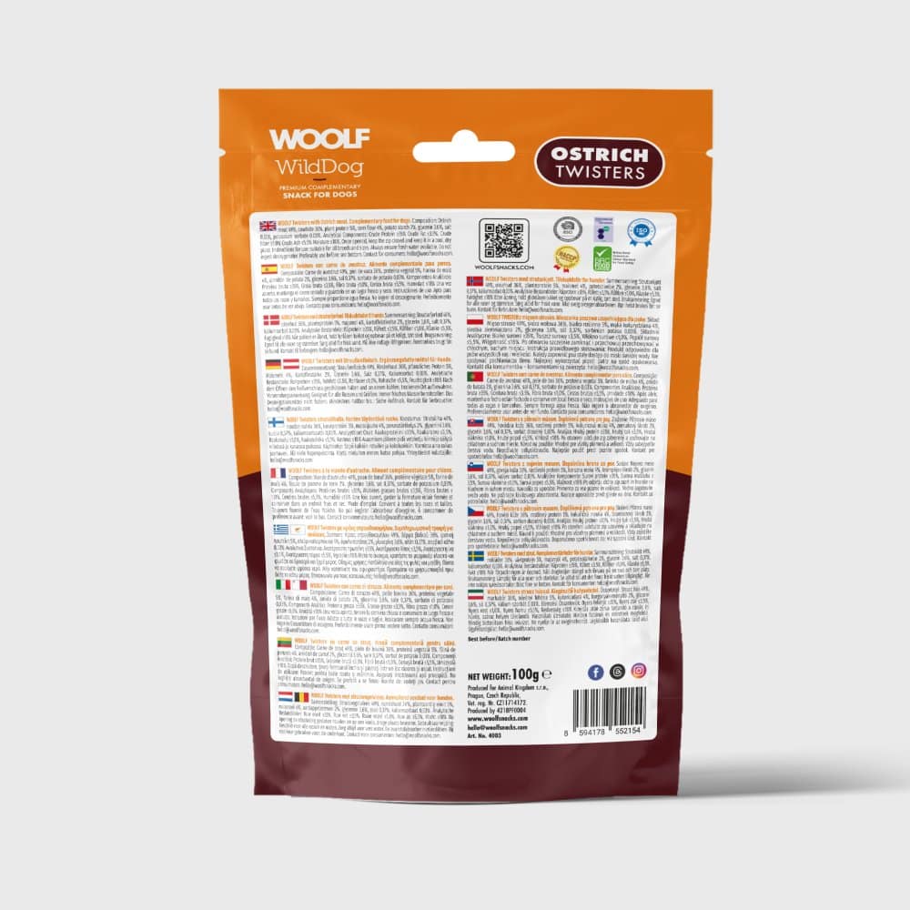 Woolf Snoede Tyggestænger med Struds 100 g – bagside