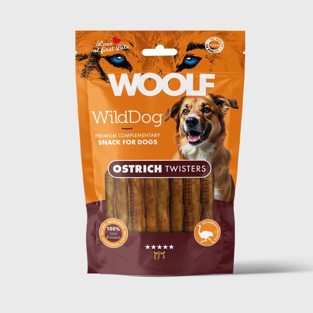 Woolf Snoede Tyggestænger med Struds 100 g – forside