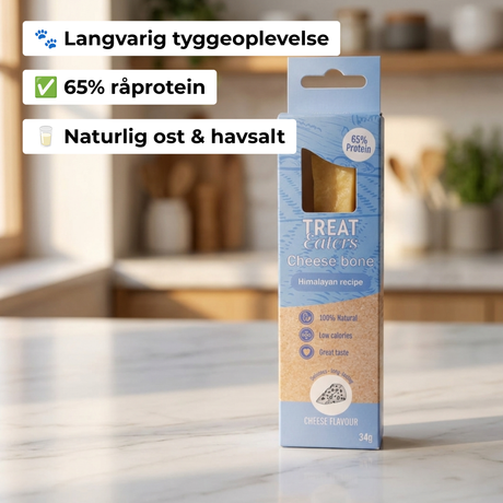 Treateaters Himalayan Cheese Tyggeben - køkken lifestyle med USP-badges