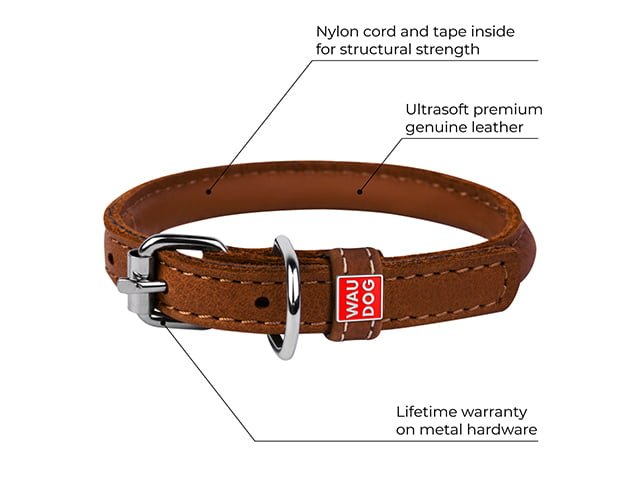 WauDog - Rundsyet læder halsbånd, brun