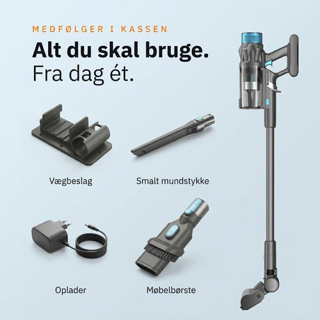 Det får du med Wavell Home C1 Pro: vægbeslag, smalt mundstykke, oplader og møbelbørste