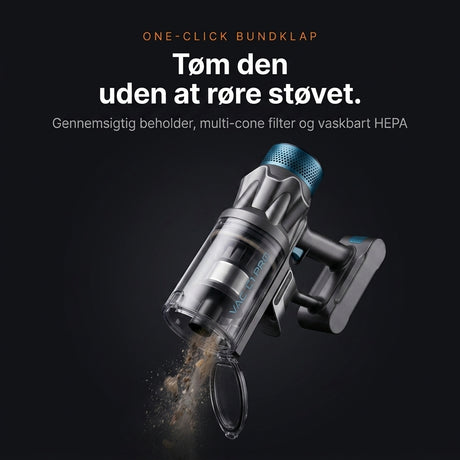 Wavell Home C1 Pro tømmes med ét tryk via bundklappen på den gennemsigtige beholder