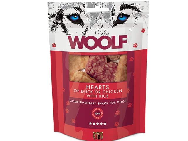 Woolf Godbidshjerter af and og kylling med ris – 100 g