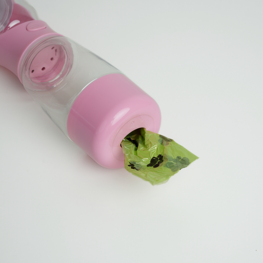 3-i-1 Vandflaske m. Godbids Opbevaring & Hundeposeholder, Rosa