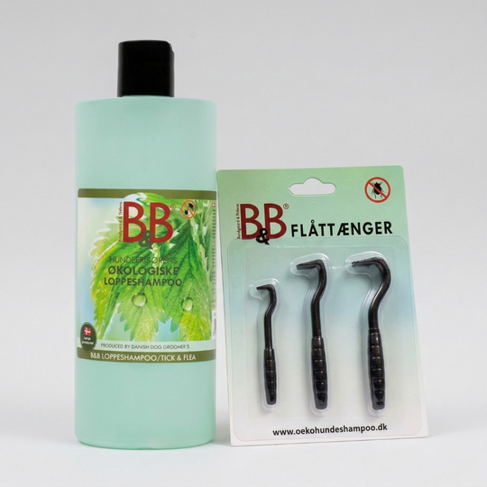 B&B - Økologisk Loppe/flåt shampoo, 750ml + Flåttænger