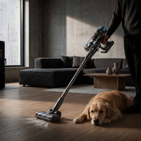 Hundeejer støvsuger trægulvet med Wavell Home C1 Pro, mens en golden retriever ligger ved siden af