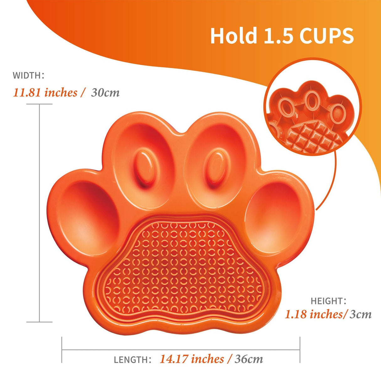 Orange Paw slowfeeder set ovenfra med mål