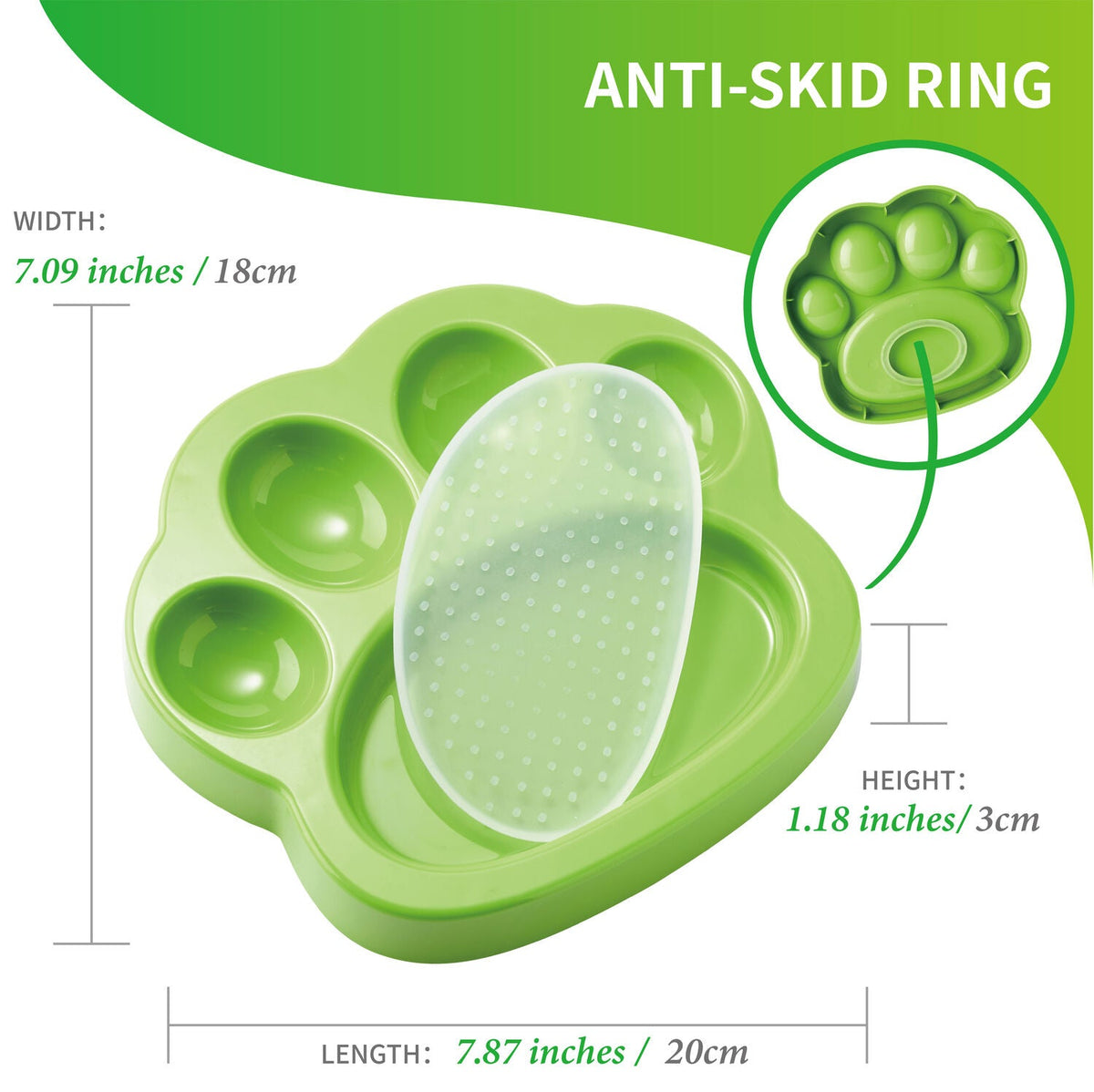 Grøn Paw Mini slowfeeder set ovenfra med mål