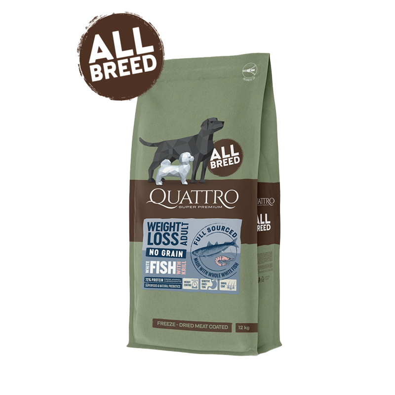Quattro - Kornfrit vægttabsfoder, hvid fisk & Krill - 12 kilo