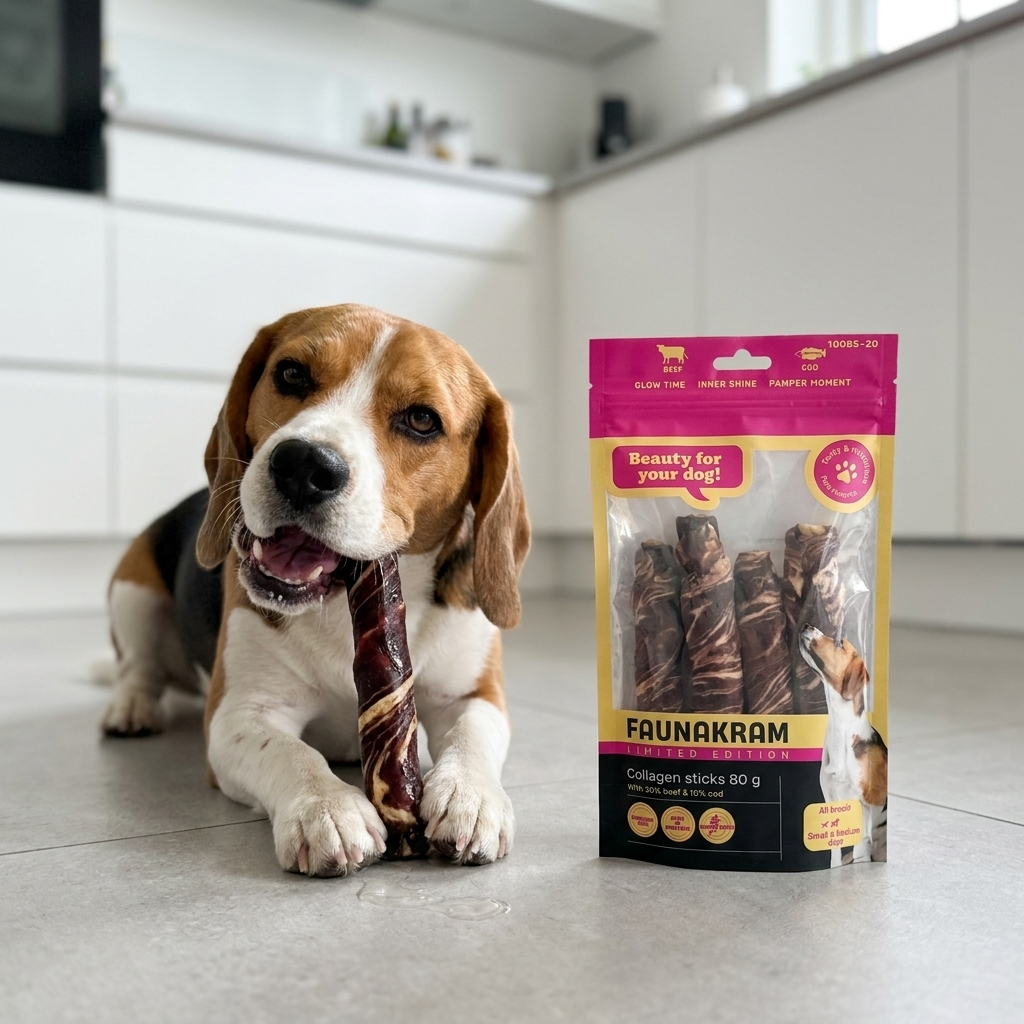 Beagle ligger i køkkenet og tygger på en Faunakram kollagen tyggepind med posen ved siden af