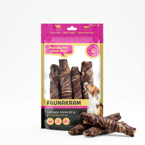 Faunakram Kollagen Sticks med okse og torsk, Limited Edition – 80 g pose med tyggepinde på hvid baggrund