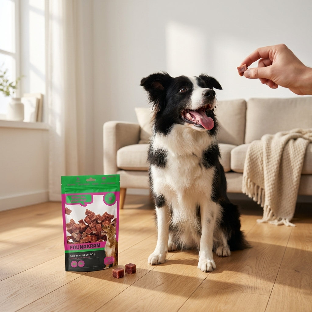 Border collie sidder i stuen og får en Faunakram godbid med and og torsk rækket frem