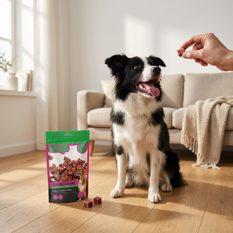 Border collie sidder i stuen og får en Faunakram godbid med and og torsk rækket frem