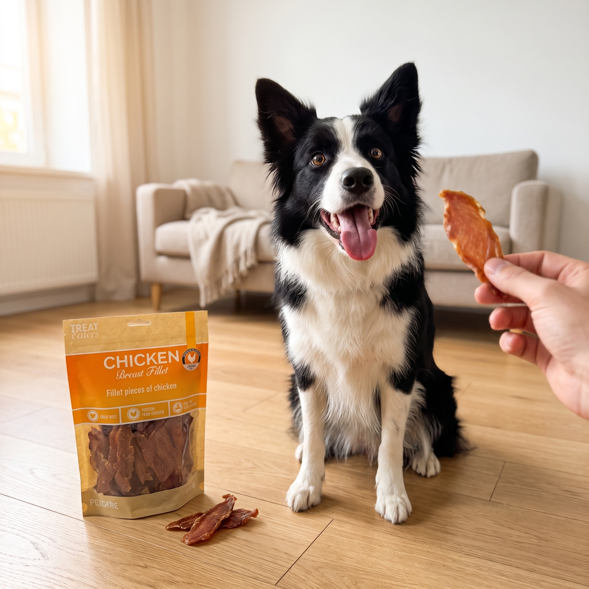 Border collie får en tørret kyllingebrystfilet i en lys stue, med posen stående på gulvet