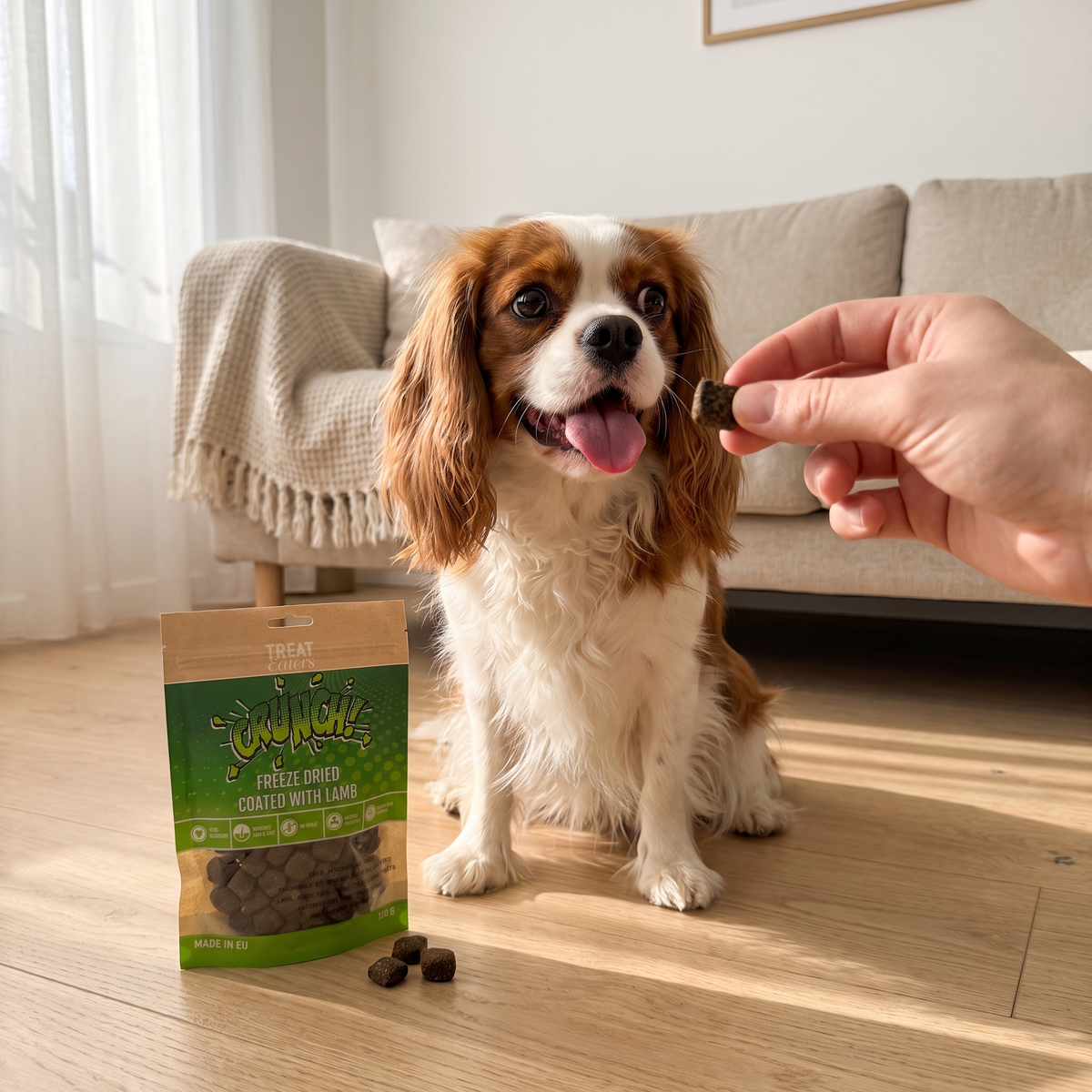 Cavalier king charles spaniel får en frysetørret godbid i en lys stue, med posen stående på gulvet