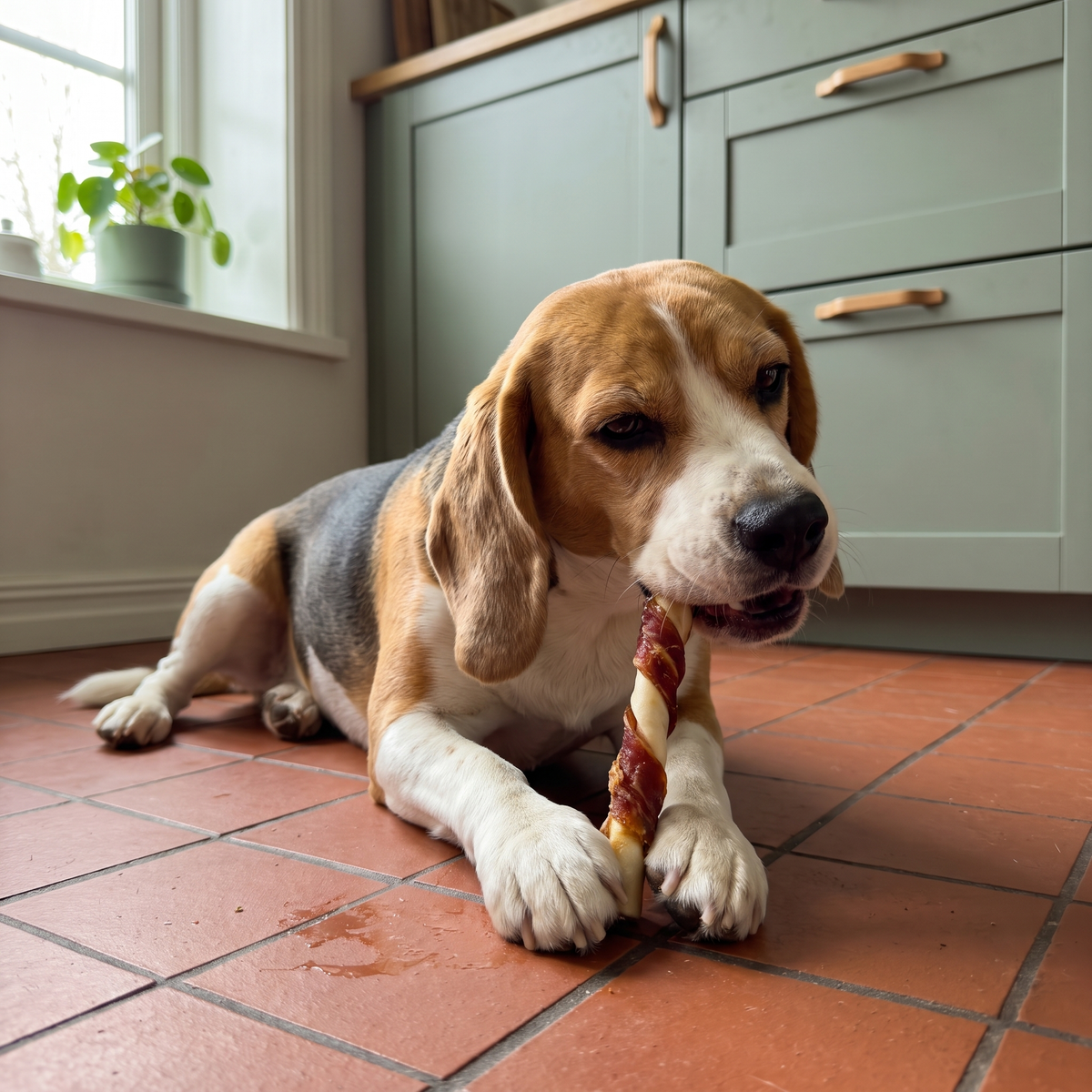 Beagle ligger og tygger på et snoet andetyggeben på et terracotta flisegulv i et køkken