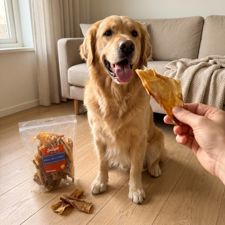 Golden retriever får en bøffelchip i en lys skandinavisk stue, med posen stående på gulvet