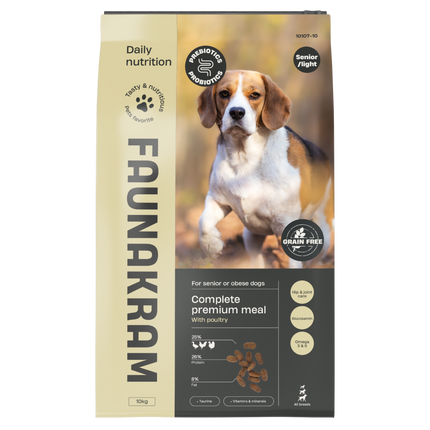 Kornfrit Senior/Light Hundefoder – Fjerkræ m. Pre- & Probiotika (10 kg)