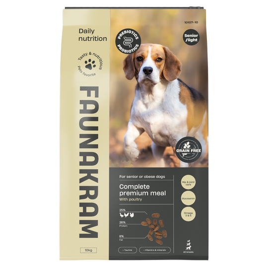 Kornfrit Senior/Light Hundefoder – Fjerkræ m. Pre- & Probiotika (10 kg)